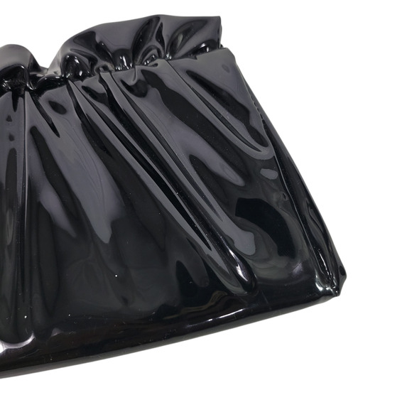 Vintage Vinyl Clutch Bag Black Patent Leather Gathered Shiny Evening Frame Small - Picture 6 of 15